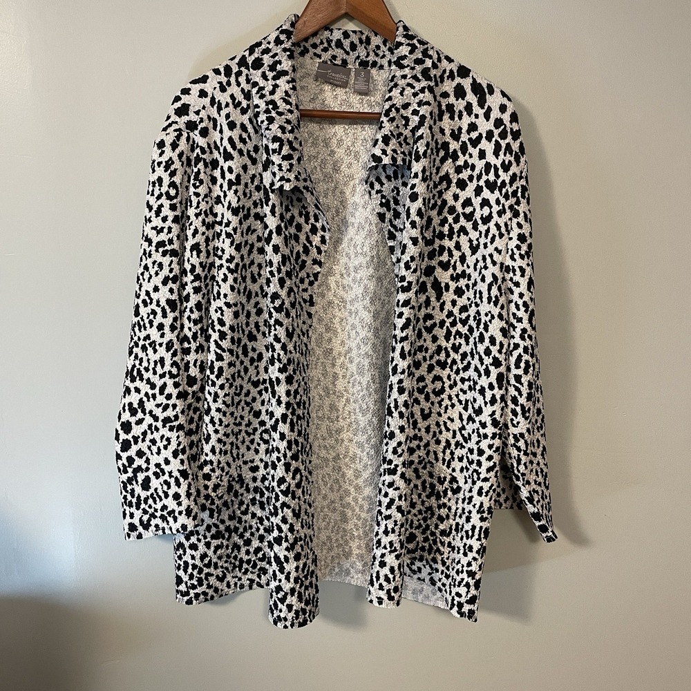 Chico's Travelers Collection Crushed Crinkle Snow Leopard Open Jacket Sz 3‎ (XL)